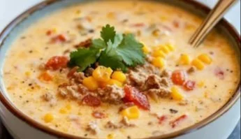 A bowl of creamy Cowboy Soup with vegetables and spices