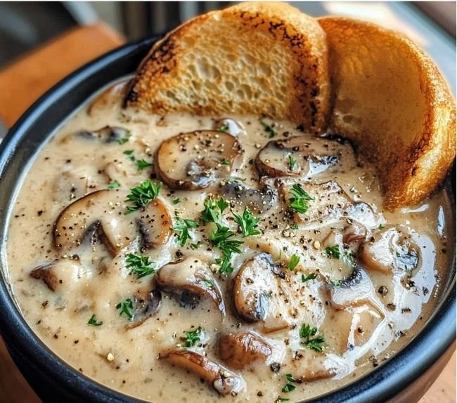 Bowl of creamy mushroom soup garnished with herbs, ideal comfort food