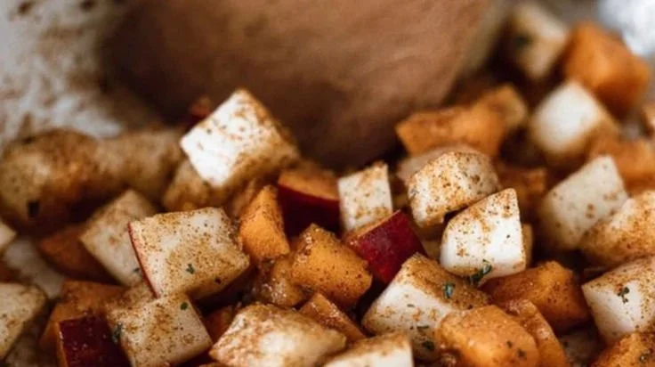 Delicious fall bruschetta topped with seasonal ingredients and herbs.