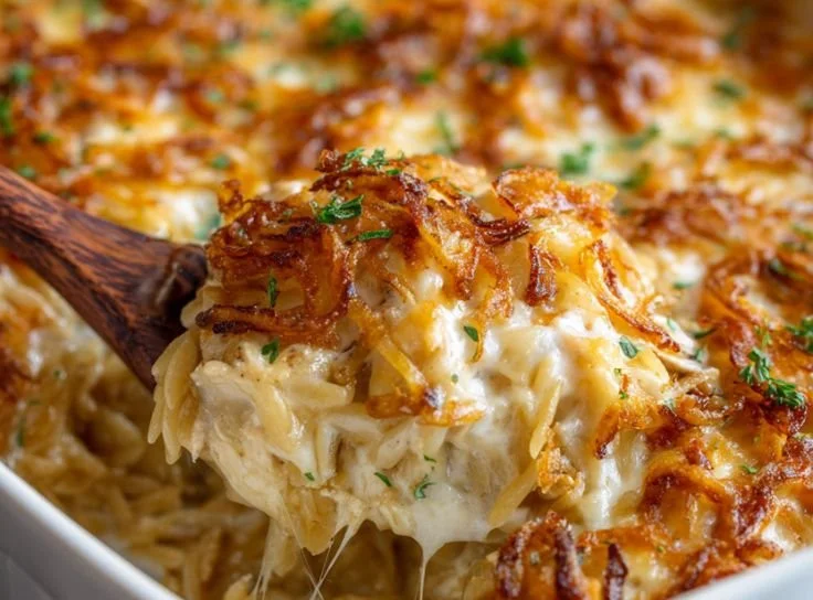 Delicious French onion chicken orzo casserole topped with melted cheese.