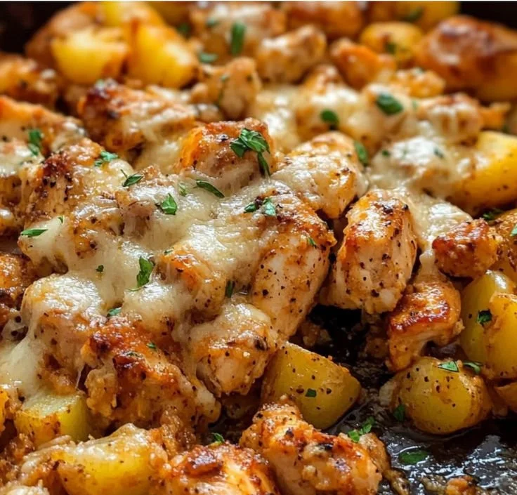 Garlic Parmesan Chicken served with golden roasted potatoes