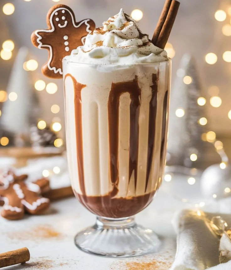 Creamy gingerbread milkshake mocktail topped with whipped cream and spices