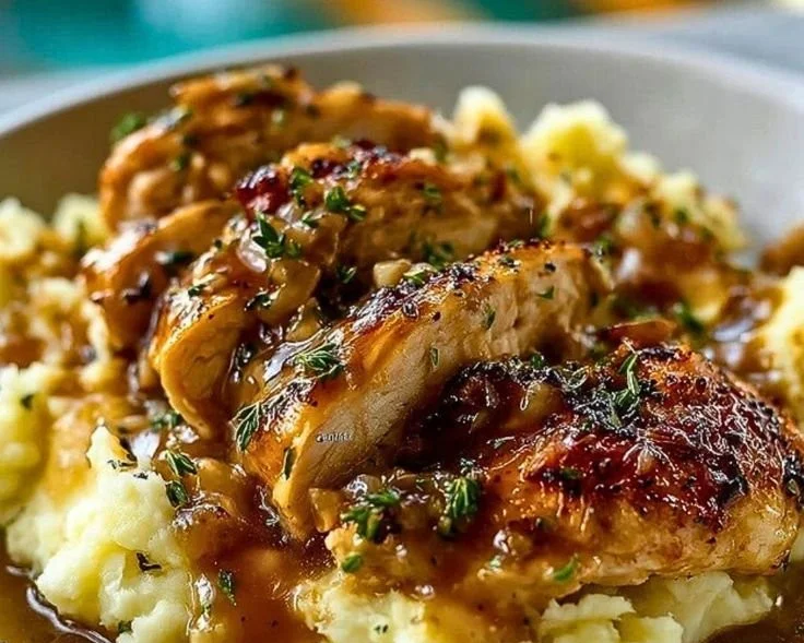 Plate of golden seared chicken with creamy mashed potatoes and garlic gravy