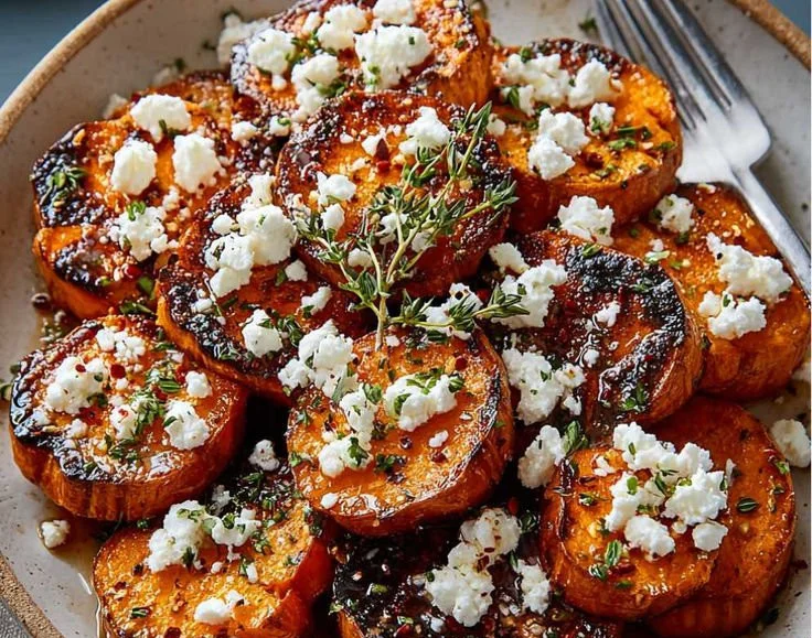 Gourmet honey feta sweet potato rounds garnished with herbs