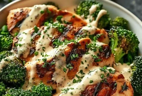 Healthy Grilled Chicken Bowls with broccoli in creamy garlic sauce