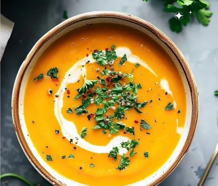 Bowl of healthy butternut squash soup garnished with herbs