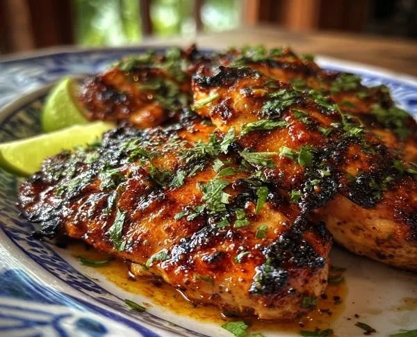 Juicy Spicy Grilled Cuban Chicken on a plate with seasoning and garnishes.
