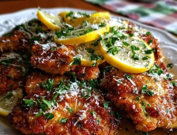 Plate of Lemon Chicken Romano garnished with fresh herbs and lemon slices