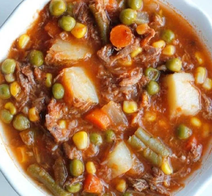 Bowl of my mom's old-fashioned vegetable beef soup with fresh vegetables and beef chunks.