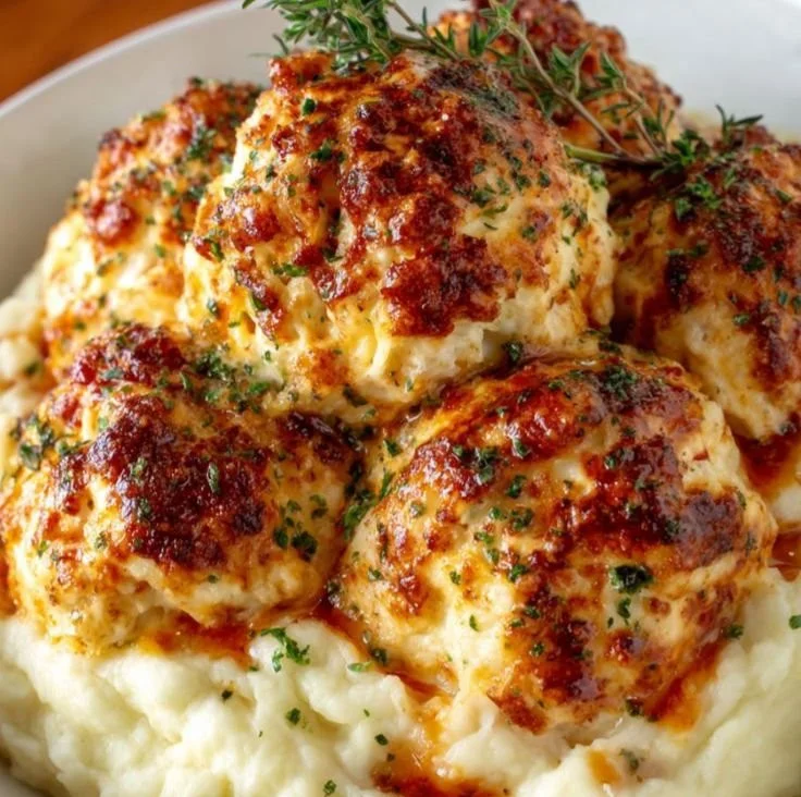 Parmesan Cloud Chicken Bombs drizzled with creamy sauce on a plate