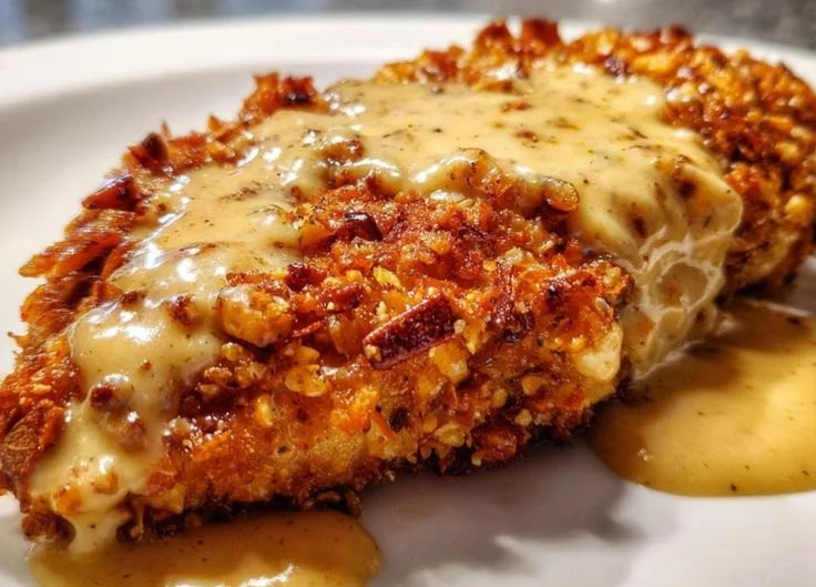 Delicious pretzel-crusted chicken served with mustard-cheddar sauce