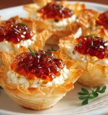 Cream cheese and pepper jelly dip served as a delicious appetizer.