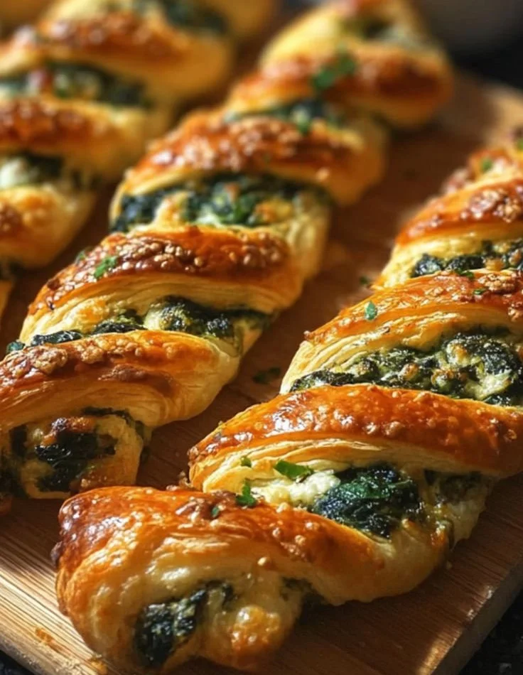 Puff pastry twists filled with spinach and feta cheese, baked to golden perfection.