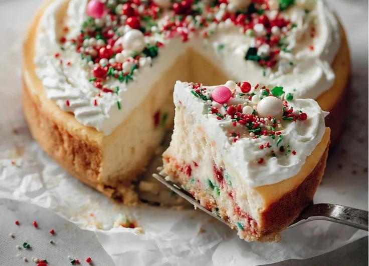 Delicious slice of Sugar Cookie Cheesecake Dessert topped with sprinkles.