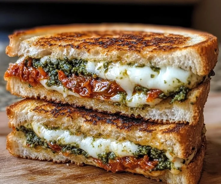 Sun-Dried Tomato Pesto Grilled Cheese sandwich on a plate, showcasing its delicious filling.