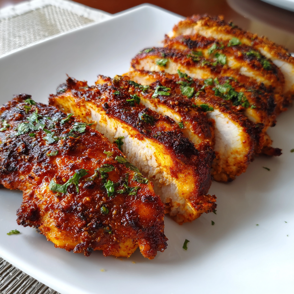 sliced air fryer chicken breasts with crisp seasoning on white plate