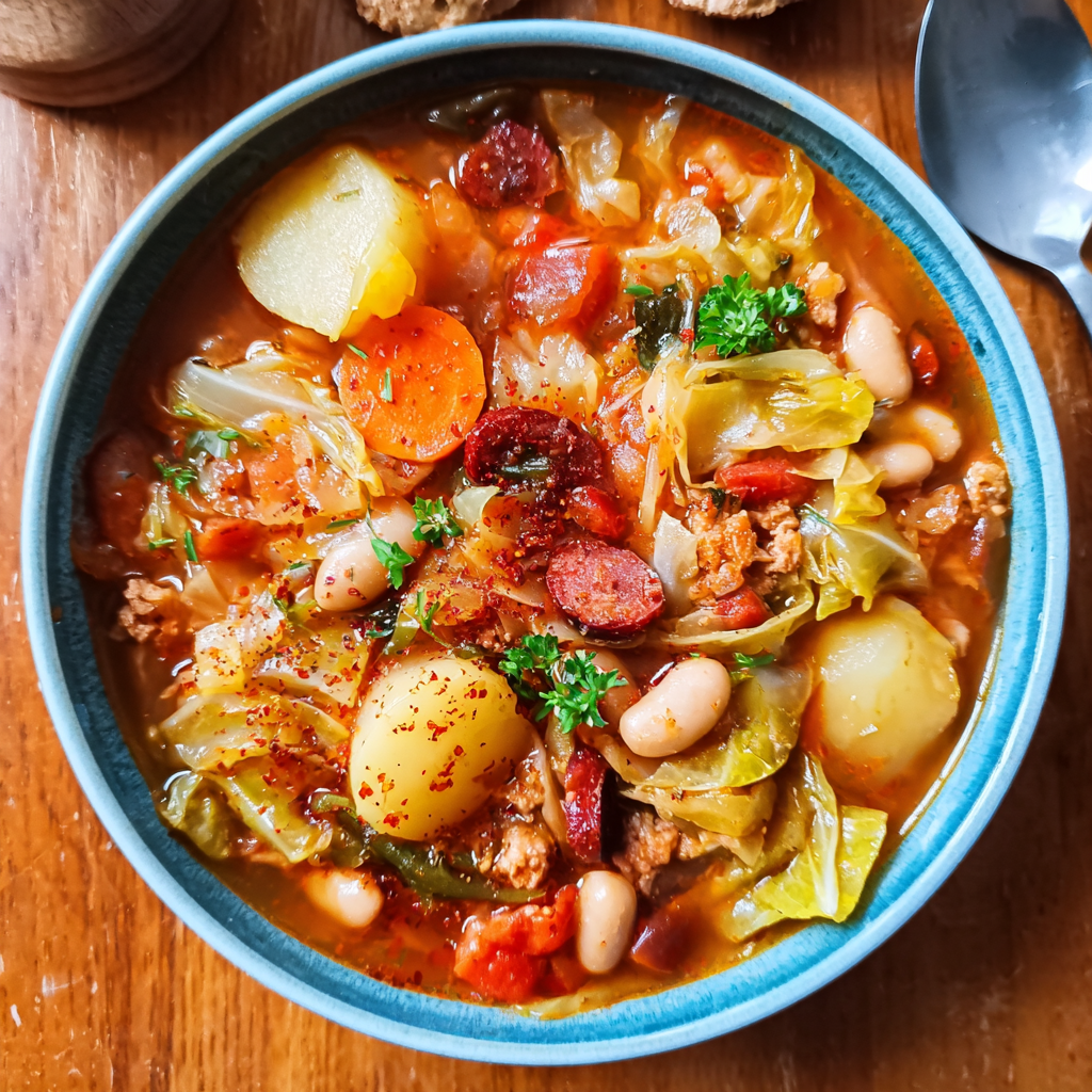 A warm bowl of Cozy Crockpot Cabbage Soup filled with tender cabbage, potatoes, carrots, white beans, tomatoes, and smoky sausage in a flavorful broth. This hearty slow cooker recipe is the perfect healthy comfort food for cold days and easy weeknight dinners.