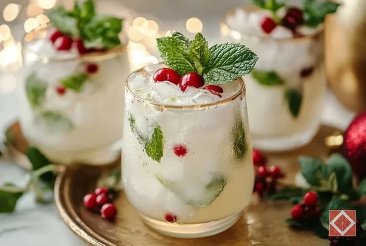 Delicious White Christmas Mojitos garnished with mint and cranberries