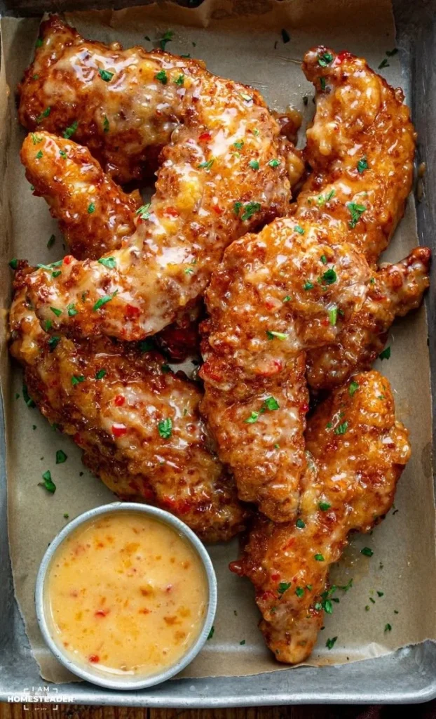 Plate of Bang Bang Chicken garnished with green onions and sesame seeds.