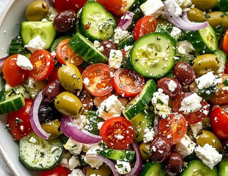 Vibrant Greek salad with fresh vegetables, feta cheese, and olives in a bowl