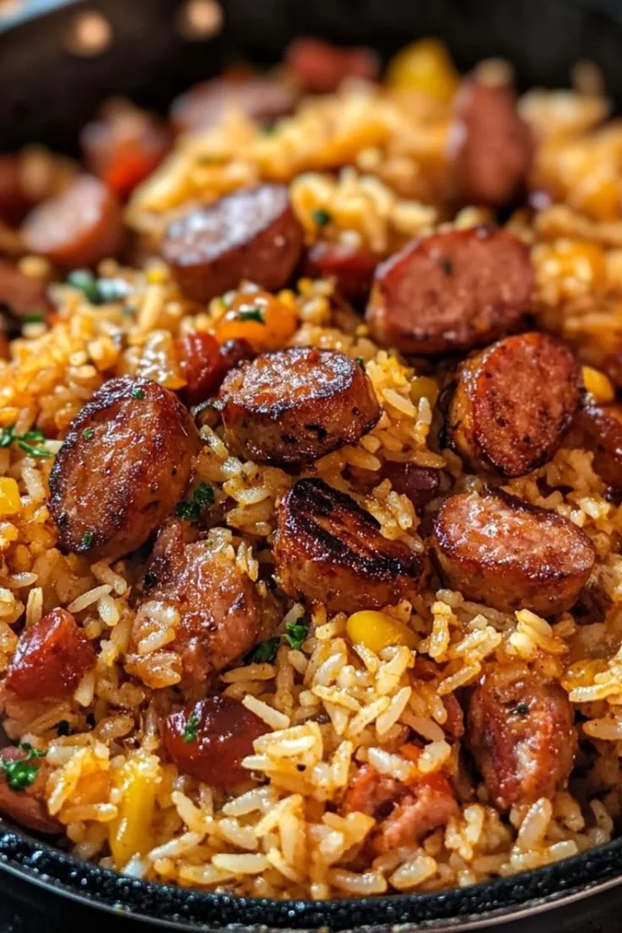 Delicious Cajun Sausage and Rice Skillet served in a pan with colorful veggies