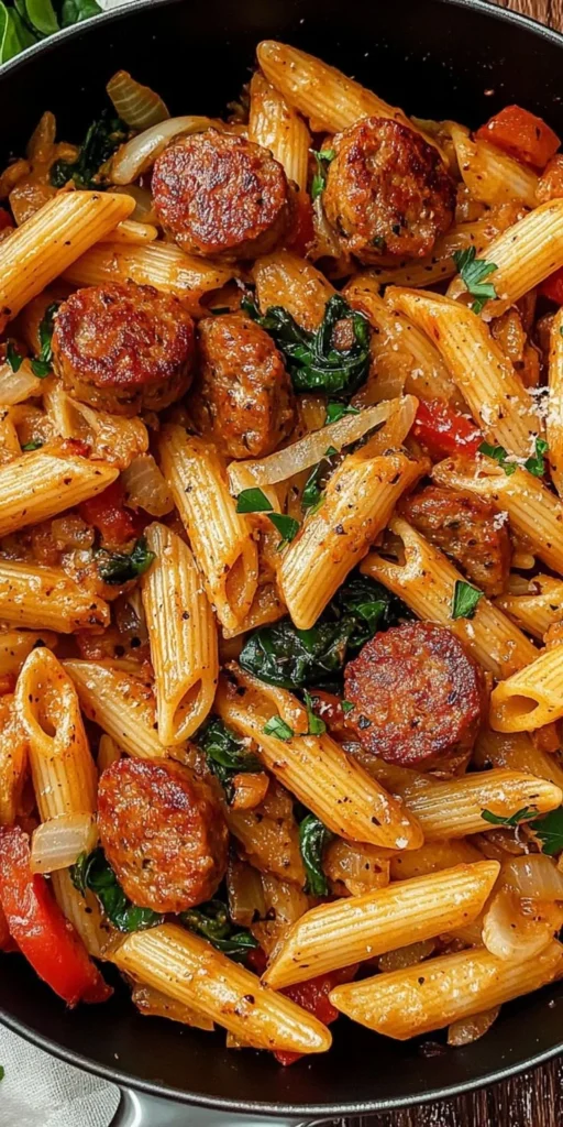 Delicious plate of Cajun Sausage Pasta garnished with herbs and spices