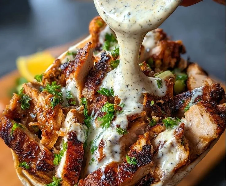 Chicken shawarma served with creamy garlic sauce on a plate