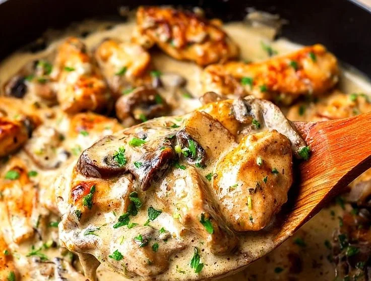 Creamy Chicken Stroganoff served with egg noodles on a plate.