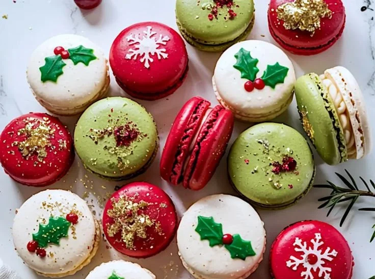 Colorful Christmas Macarons arranged on a festive platter for holiday celebrations.