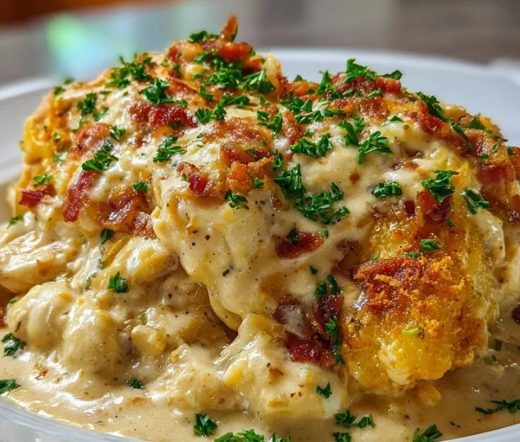 Delicious Cowboy Casserole served in a rustic dish, showcasing hearty ingredients.