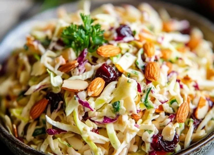 Cranberry Almond Thanksgiving Slaw in a festive serving bowl