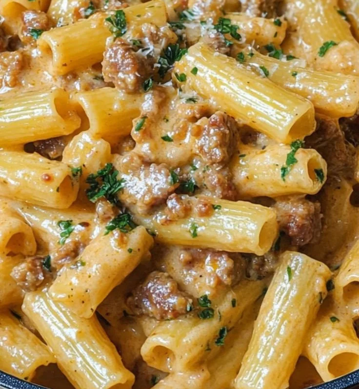 Delicious creamy Italian sausage rigatoni served in a bowl, topped with herbs.