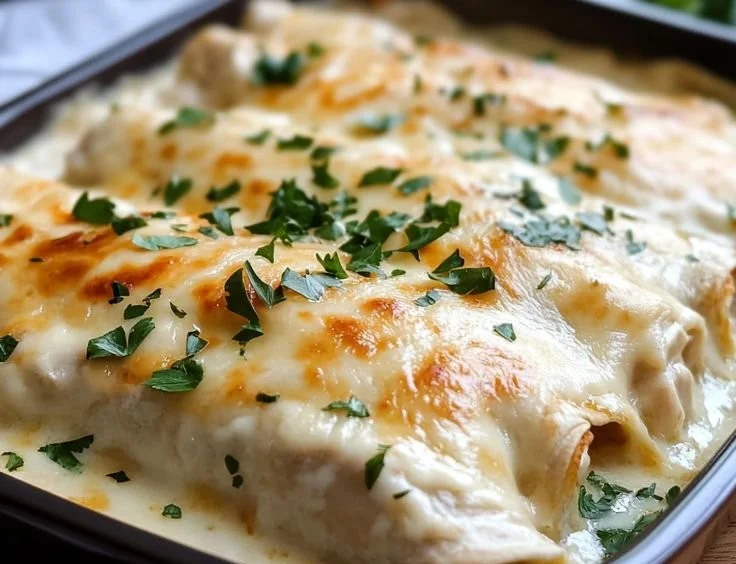 Creamy white chicken enchiladas topped with cheese and flavorful sauce