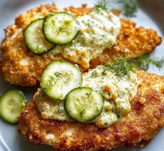Plate of Crispy Dill Pickle Parmesan Chicken garnished with herbs