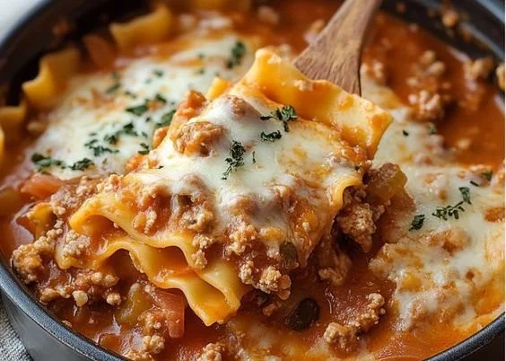 Delicious Crock Pot Lasagna Soup in a bowl, garnished with cheese and herbs.