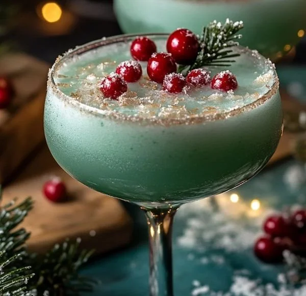 Frosted Christmas Tree Fizz cocktail garnished with festive decorations