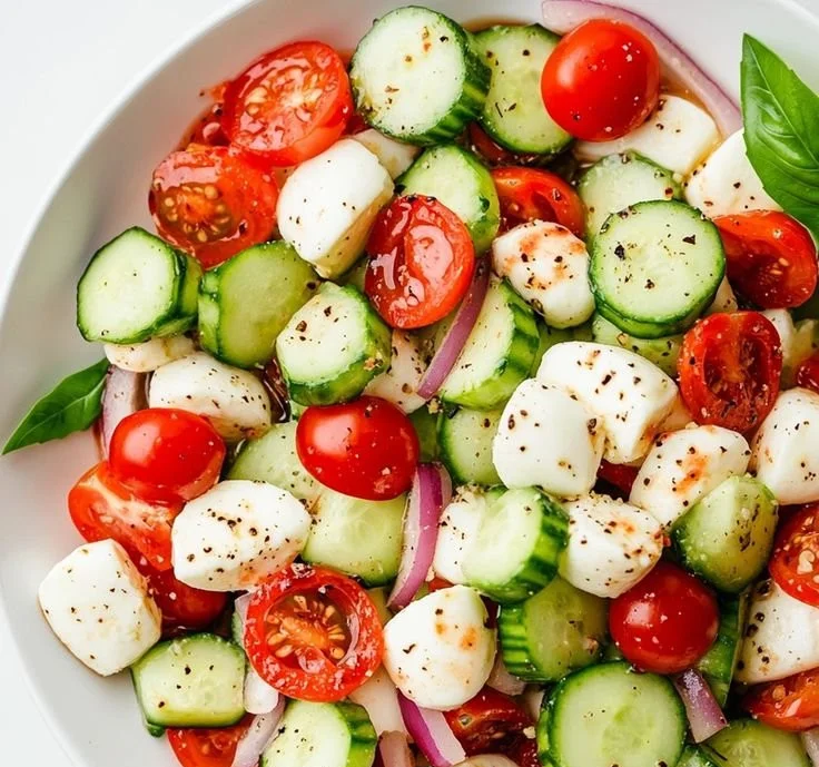 Juicy Cucumber Caprese Salad with fresh mozzarella and basil