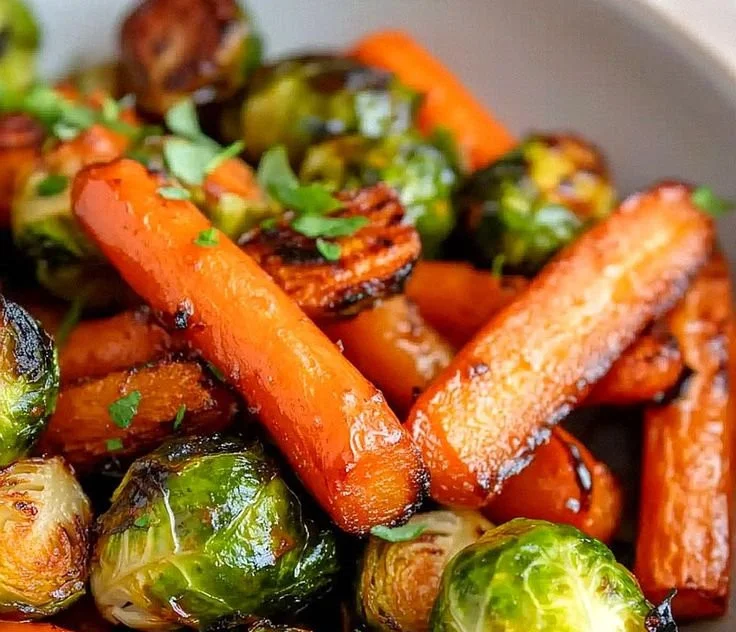 Bowl of paleo maple glazed carrots and Brussels sprouts garnished with herbs.