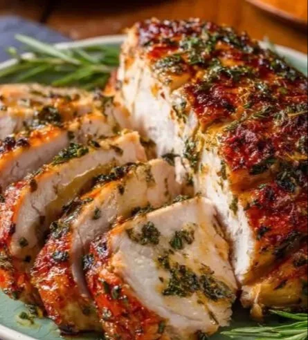 Juicy roasted turkey breast served with herbs and spices on a festive table.
