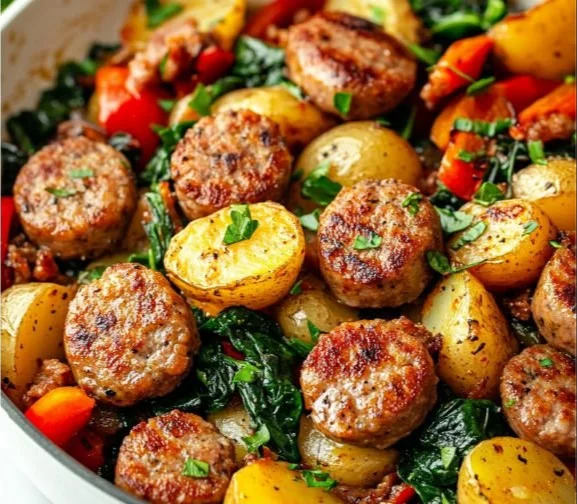 A hearty sausage and potatoes skillet dish served in a cast iron pan.