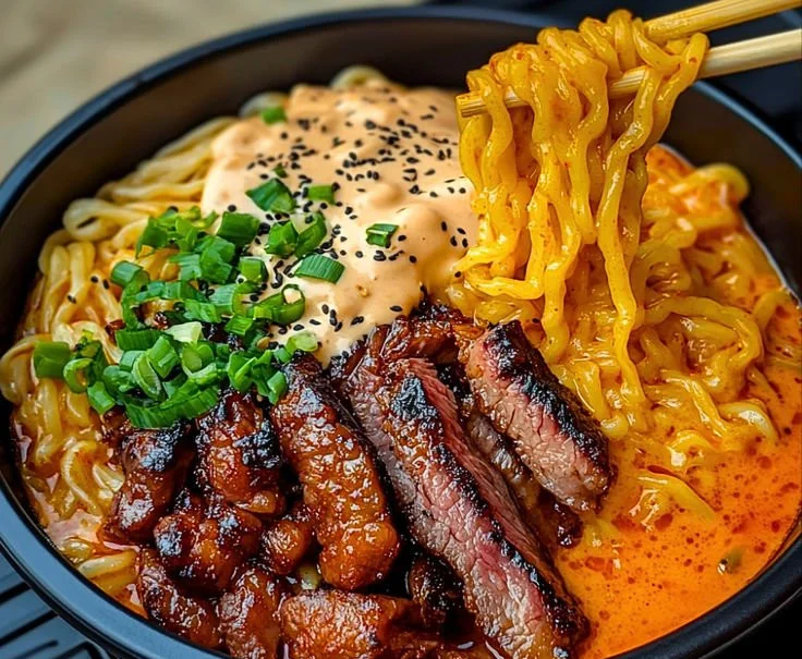 Spicy Korean ramen served with grilled beef and creamy sauce, garnished beautifully.