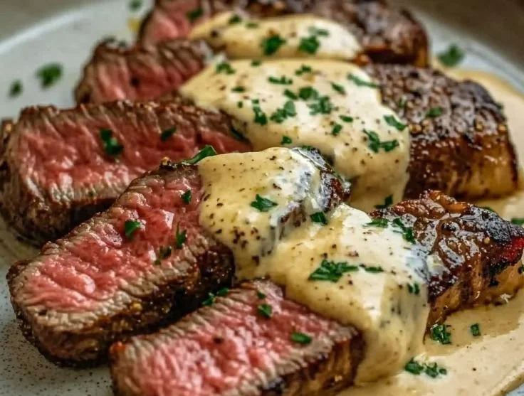 Juicy steak topped with creamy garlic sauce on a plate