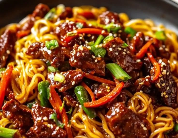 Delicious sticky beef noodles served in a bowl with vegetables and herbs.