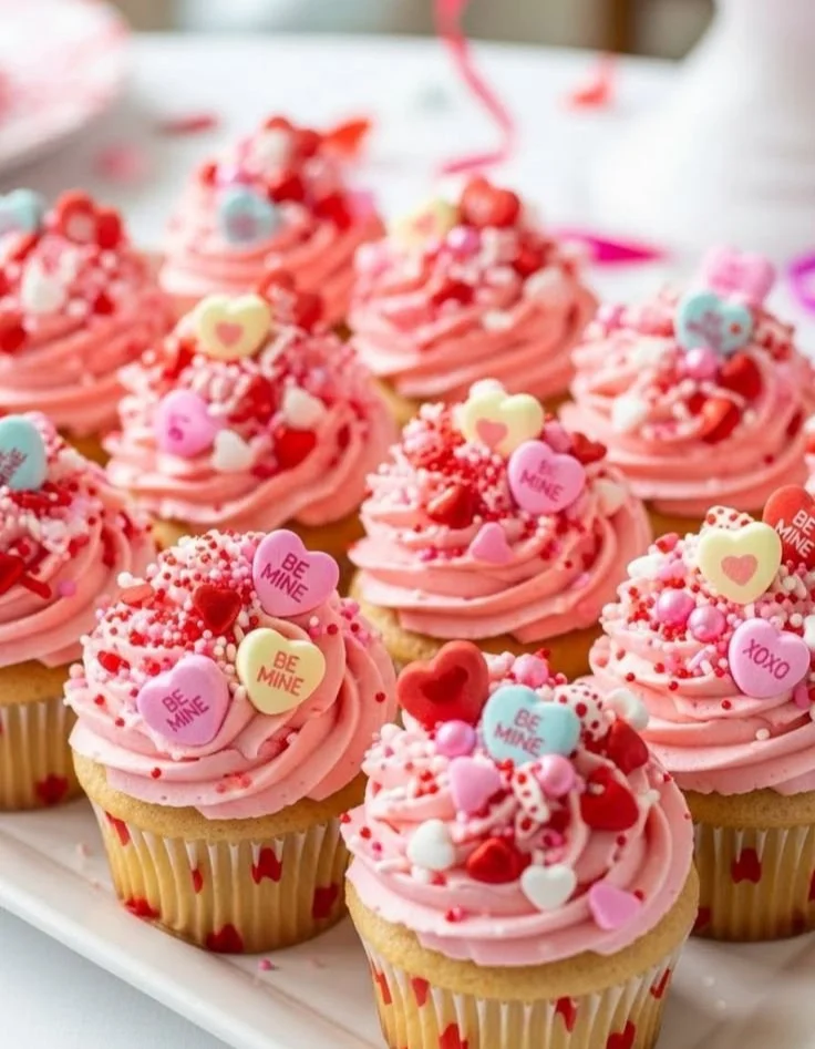 Delicious assortment of Valentine's Day cupcakes decorated with hearts and love themes