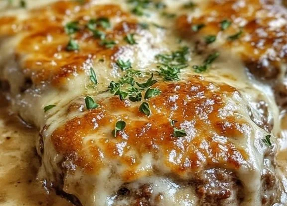 Amish Hamburger Steak Bake served with vegetables and gravy