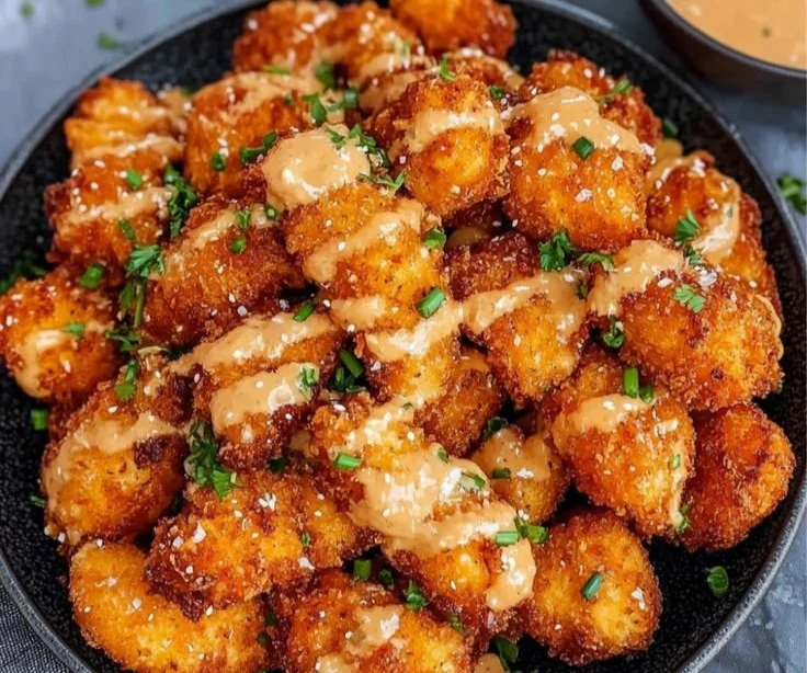 Plate of spicy and creamy Bang Bang Chicken garnished with green onions