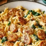 Creamy chicken sausage orzo dish in a one-pan recipe