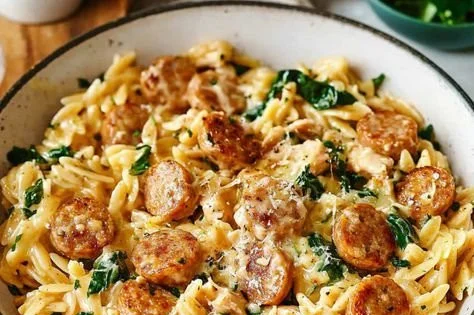 Creamy chicken sausage orzo dish in a one-pan recipe