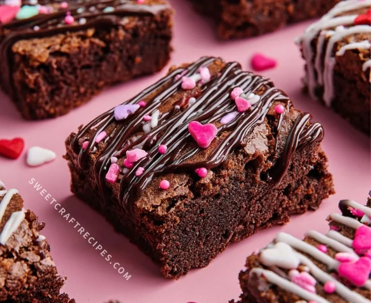 Delicious easy Valentine brownies decorated with heart sprinkles.