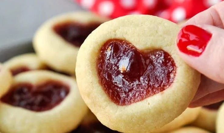 Delicious heart-shaped jam cookies with berry filling on a plate